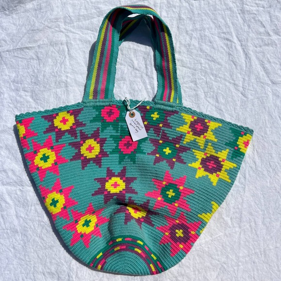 NEW Turquoise Star Flower Woven Beach Shoulder Bag - Picture 5 of 10